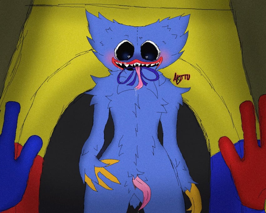 <3_eyes 1boy akittu anthro big_mouth_(anatomy) black_eyes blue_body blue_fur blush bodily_fluids bow_tie claws cum digital_media_(artwork) fur genital_fluids genitals heart huggy_wuggy humanoid lips looking_at_viewer male male_focus monster nude open_mouth penis poppy_playtime prehensile_penis red_lips saliva saliva_string sharp_teeth simple_background smile solo_focus tapering_penis teeth tongue tongue_out video_games