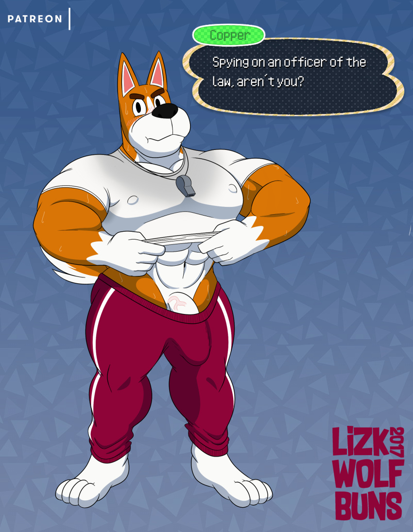 4_toes 5_fingers abs animal_crossing anthro biceps black_nose blush bodily_fluids bottomwear brown_body brown_fur bulge canid canine canis clothed clothing clothing_lift copper_(animal_crossing) dialogue domestic_dog english_text feet fingers fur genitals gloves_(marking) header header_box hi_res humanoid_genitalia humanoid_penis male male_only mammal markings muscular muscular_anthro muscular_male nintendo nipple_outline nipples pants pattern_background pecs penis penis_base red_bottomwear red_clothing red_pants shirt shirt_lift simple_background solo speech_bubble sweat text text_header toes topwear vein video_games white_body white_clothing white_fur white_shirt white_topwear wolfbuns workout_clothing