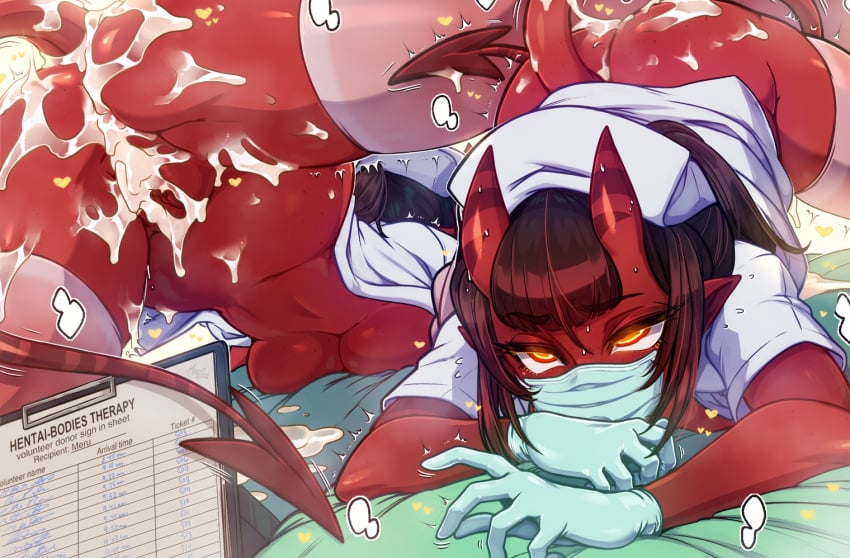 1girls ass ass_up breasts brown_hair cum cum_in_pussy cum_inside demon face_mask female gloves horns meru_(merunyaa) merunyaa nurse nurse_uniform original original_character overflow public_use pussy queue sexual_relief_duty straight_hair succubus tail underboob waiting_for_turn yellow_eyes
