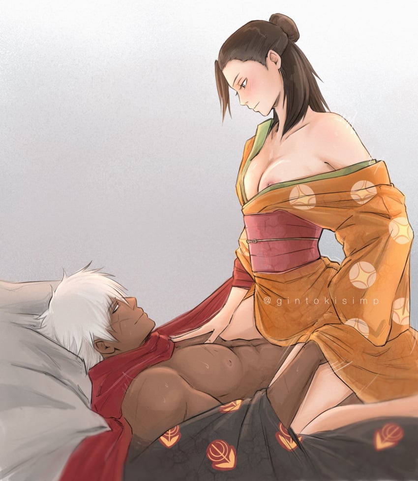 1boy 1girls aged_down ambiguous_penetration brown_hair cleavage clothed_sex dark-skinned_male doromizu_jirochou facial_scar female female_on_top first_porn_of_character gintama gintokisimp hair_bun kimono light-skinned_female looking_at_another male medium_hair nipple_slip no_bra obi off_shoulder open_kimono otose scarf smile sweat terada_ayano white_hair