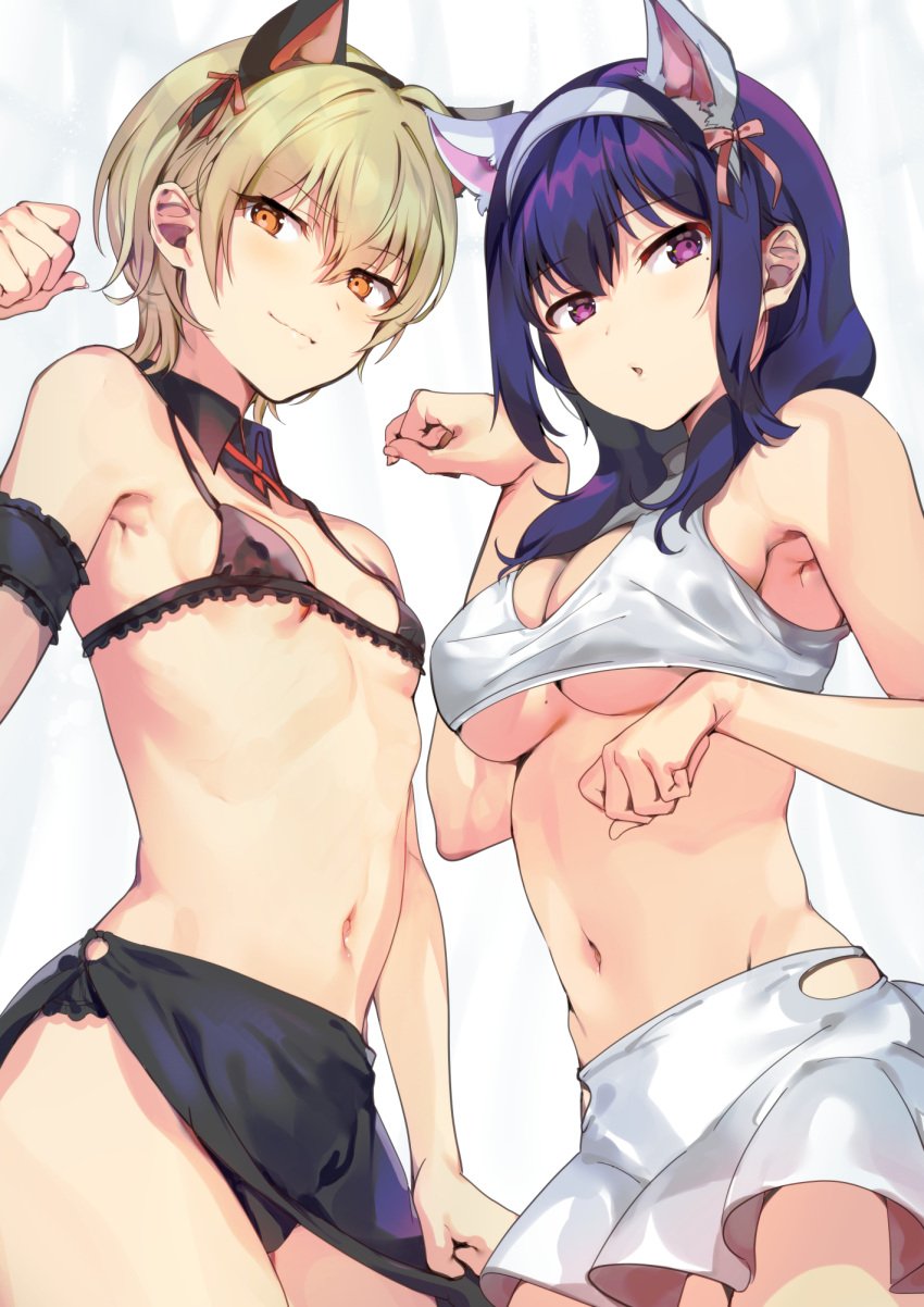 2girls animal_ears arm_garter armpits bare_shoulders black_bra black_underwear blonde_hair blue_hair bra breasts cleavage closed_mouth cowboy_shot detached_collar erect_nipples female hairband hand_up harumi_hana high_resolution ichihara_chiaki konbu_wakame long_hair looking_at_viewer medium_breasts miniskirt mole mole_on_breast multiple_girls navel nekomimi nipples no_bra orange_eyes pantsu parted_lips paw_pose purple_eyes sekai_de_ichiban_oppai_ga_suki! short_hair sidelocks skirt small_breasts smile stomach thighs underboob underwear white_bra white_skirt white_underwear