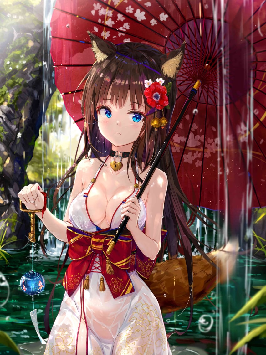 animal_ear_fluff animal_ears bangs blue_eyes bow breasts brown_hair choker clavicle cleavage closed_mouth dress eyebrows_visible_through_hair female female flower fox_girl fox_tail hair_flower hair_ornament high_resolution holding holding_umbrella kitsune kitsunemimi leaf long_hair medium_breasts na_kyo no_bra nopan oil-paper_umbrella original red_bow see-through sleeveless sleeveless_dress standing tail tassel tree umbrella very_high_resolution wafuku water water_drop waterfall wet wet_clothes wet_dress white_dress wind_chime