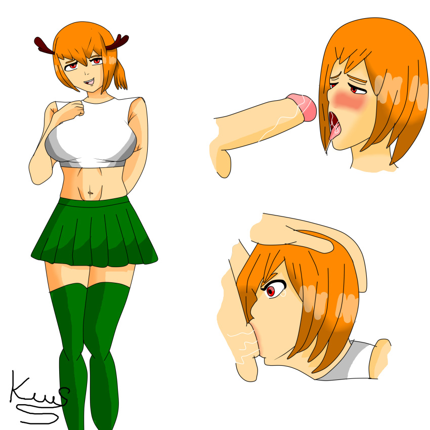 blowjob deepthroat demons_trigger fellatio female kennysparda(artist) oral oral_sex orange_hair red_eyes regina_arms regina_arms_(demons_trigger) saliva throat_bulge