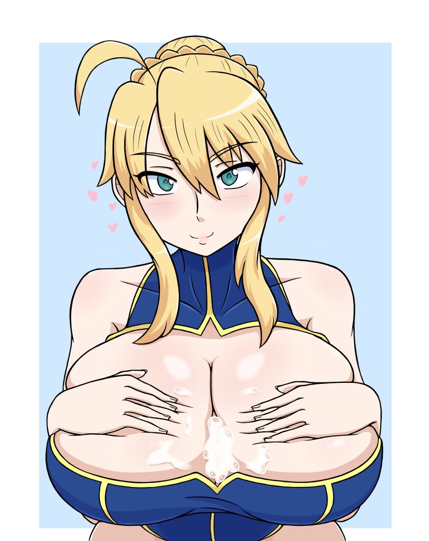 ahoge artoria_pendragon artoria_pendragon_(lancer) blonde_hair blue_eyes cum cum_on_breasts fate_(series) hand_on_breast heart huge_breasts looking_at_viewer smile winzaku_(asakura)