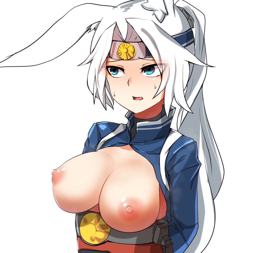 1:1 1girls 2d_(artwork) akaoni_(zumt3548/akakiryu2m) animal_ears areolae arms_behind_back azur_lane bangs blue_eyes blue_jacket blush breasts breasts_out commentary_request eyebrows_visible_through_hair eyes_visible_through_hair female female_only headband highres hiryuu_(azur_lane) jacket large_breasts light-skinned_female light_skin long_hair long_sleeves looking_to_the_side nipples open_clothes parted_bangs ponytail rabbit_ears sakura_empire_(azur_lane) shiny shiny_skin solo steam sweat sweatdrop turtleneck upper_body white_background white_hair