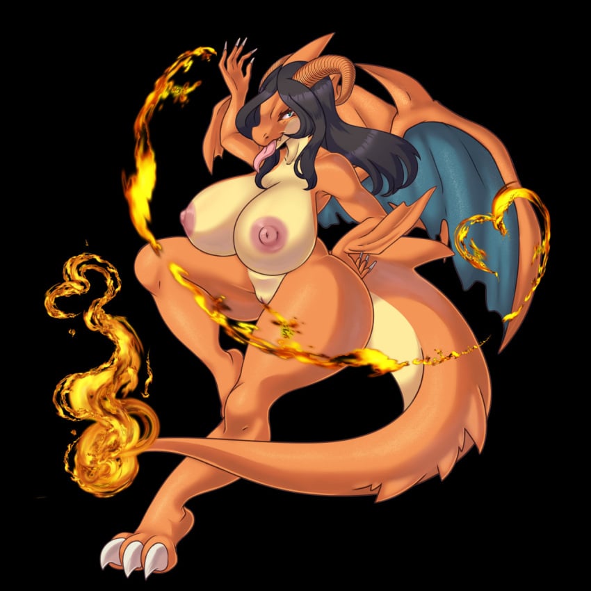 1:1 anthro big_breasts breasts charizard claws dragon female fire fruittibunny genitals hair hi_res horn mega_charizard mega_charizard_y mega_evolution membrane_(anatomy) membranous_wings nintendo nipples nude pokémon_(species) pokemon pokemon_(species) pussy solo tongue video_games wings