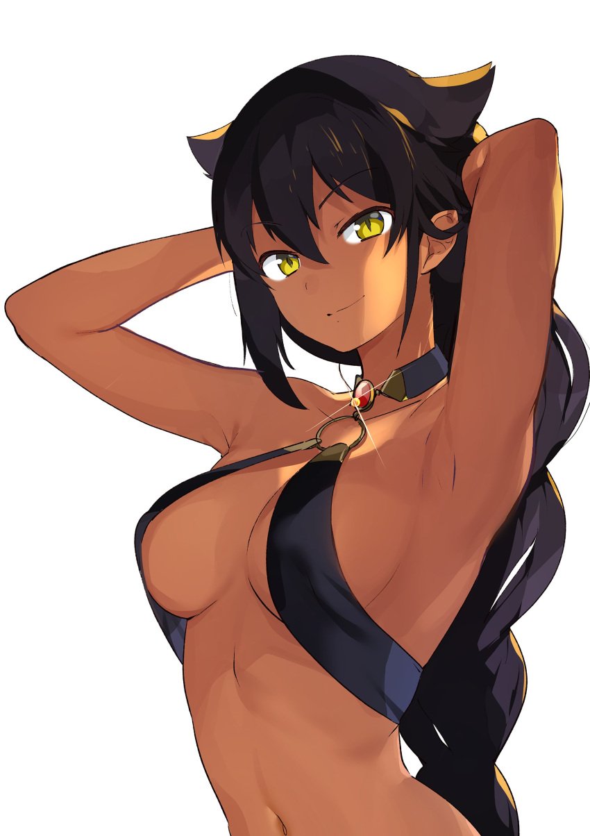 a_k_o animal_ears armpits arms_up backlighting bare_shoulders black_hair braid breasts choker cleavage closed_mouth dark-skinned_female dark_skin eyebrows_visible_through_hair female female_only gem glint hair_between_eyes hair_flaps halterneck high_resolution jahy jahy_sama_wa_kujikenai! konbu_wakame long_hair looking_at_viewer medium_breasts navel nude_filter_request o-ring o-ring_top official_art pointed_ears simple_background single_braid slit_pupils smile smirk solo tied_hair very_high_resolution very_long_hair white_background yellow_eyes yumemiru_prima_girl