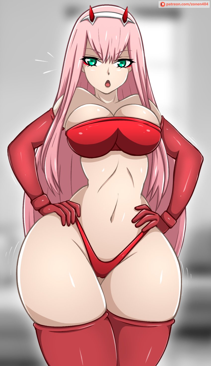 1girls big_breasts breasts darling_in_the_franxx eye_contact female gloves horns long_hair looking_at_viewer pink_hair solo standing thick_thighs thighhighs thighs thong voluptuous wide_hips zero_two_(darling_in_the_franxx) zonen404