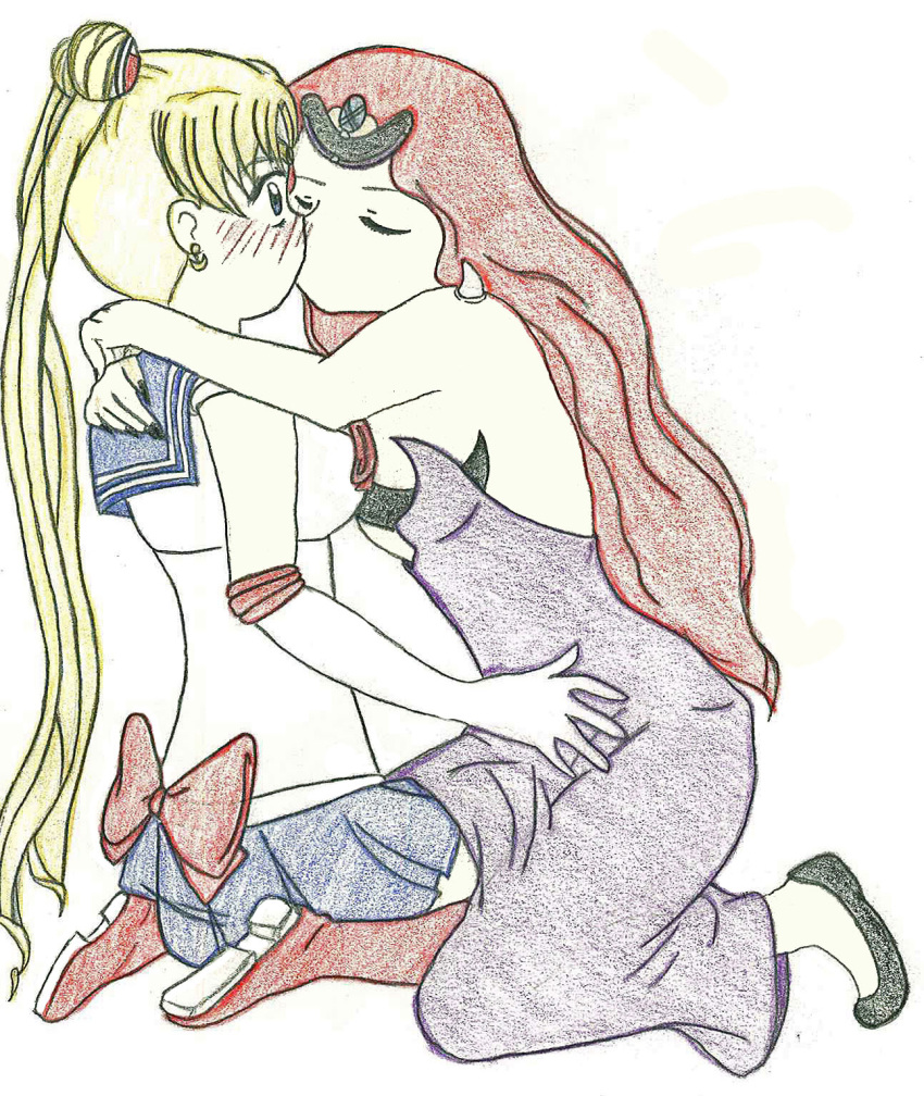 2011 2girls bishoujo_senshi_sailor_moon blonde_hair blue_eyes blush boots bow breasts closed_eyes clothing dark_kingdom dress elbow_gloves female female_only fully_clothed hair_bun iliowahine kissing long_dress long_hair long_twintails queen queen_beryl red_hair sailor_moon sailor_uniform serafuku short_dress sitting skirt small_breasts surprised traditional_media twintails usagi_tsukino very_long_hair villainess white_background white_skin yuri