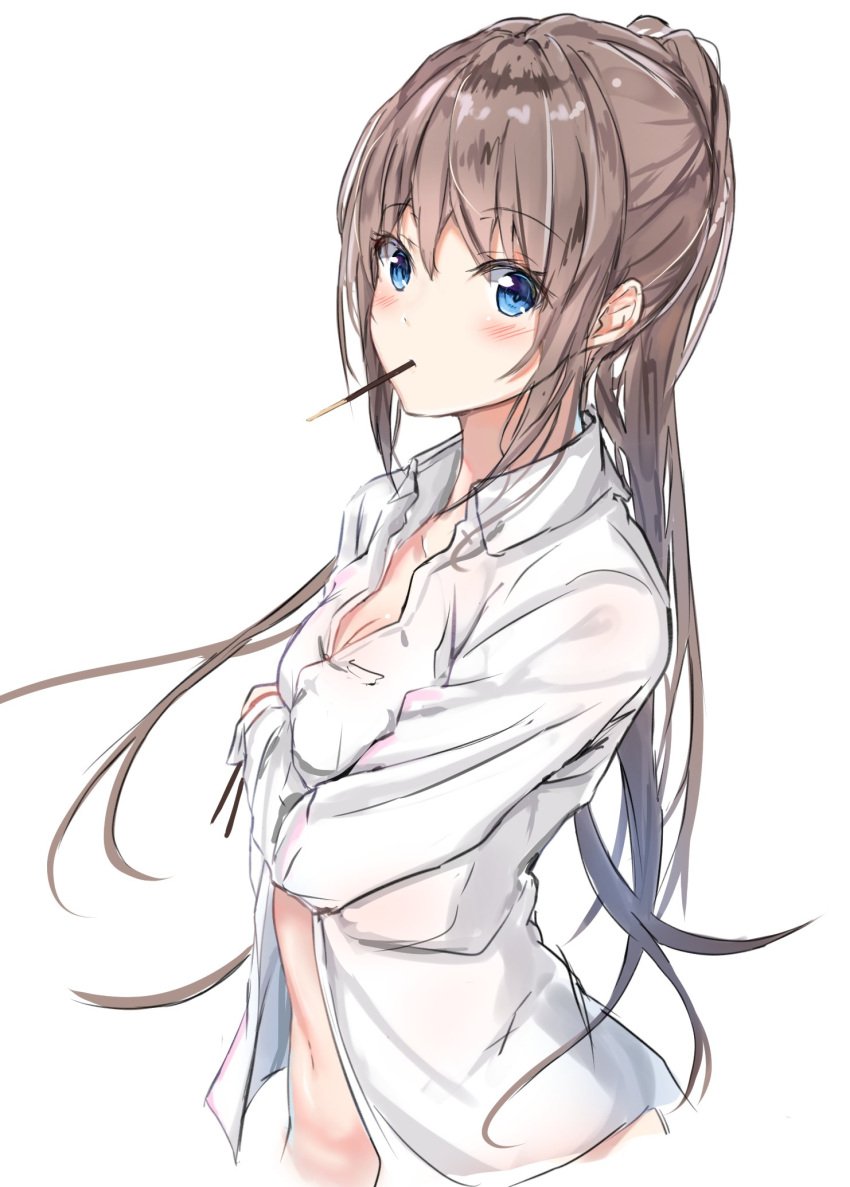 blue_eyes blush breasts brown_hair cleavage female female food food_in_mouth high_resolution long_hair long_sleeves na_kyo open_clothes original pocky pocky_day ponytail shirt tied_hair white_shirt