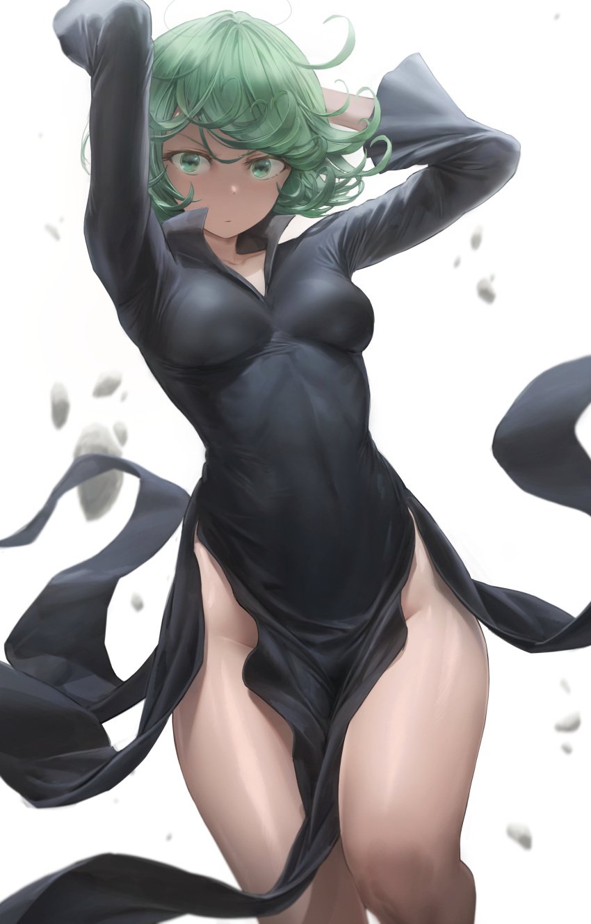 1girls absurd_res arms_behind_head arms_up black_dress black_gown breasts closed_mouth clothes_pull clothing covered_navel dress female female_only gown green_eyes green_hair groin hand_in_hair hi_res hourglass_figure long_sleeves looking_at_viewer medium_breasts medium_hair messy_hair one-punch_man pose short_hair simple_background skirt skirt_lift skirt_pull slender_waist solo tatsumaki thick_thighs thighs tight_clothing tight_dress tight_fit v-shaped_eyebrows wide_hips yohan1754