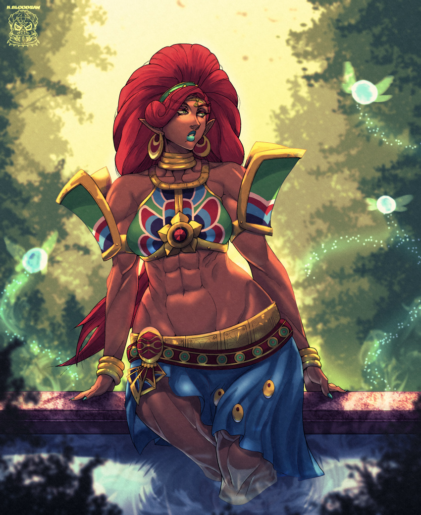 abs armring art bra breath_of_the_wild collar coloured dark_skin diadem dress earrings gerudo kbloodsaw muscular muscular_female muscular_legs muscular_thighs nintendo red_hair the_legend_of_zelda thick_thighs thighs urbosa