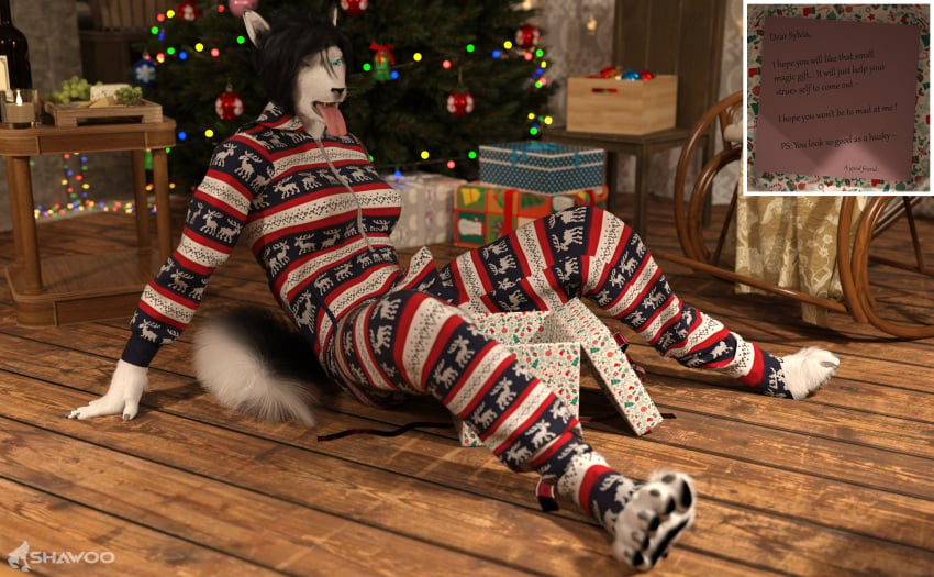 3d_(artwork) after_transformation anthro breasts canid canine canis christmas christmas_clothing christmas_tree clothing digital_media_(artwork) domestic_dog english_text gift gynomorph hi_res holidays husky intersex intersex_only living_room mammal nordic_sled_dog pajamas plant shawoo sitting sitting_on_ground solo spitz sylvia_sobaka tenting text tongue tongue_out tree