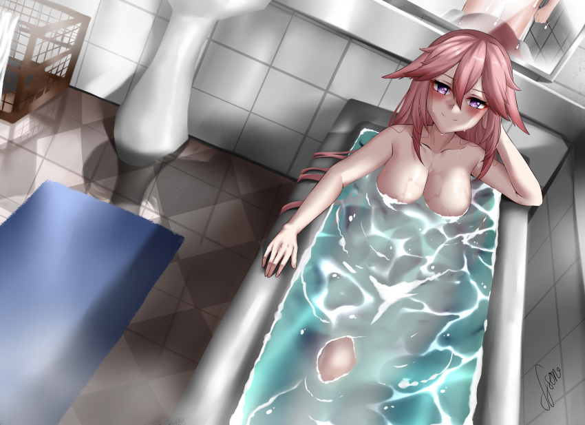 1girls bare_arms bare_shoulders bathing bathroom bathroom_sink bathtub blush breasts carpet cleavage collarbone eyebrows_visible_through_hair finnjson fox_ears genshin_impact highres large_breasts long_hair looking_at_viewer lying mirror nude pink_eyes pink_hair pov reflection shiny_floor signature sink smile very_long_hair wet yae_miko