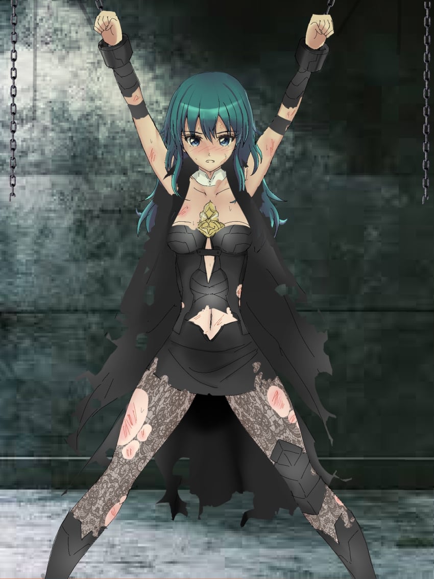 1girls arms_up bare_midriff bare_thighs blue_eyes bondage breasts bruise byleth_(fire_emblem) byleth_(fire_emblem)_(female) chains defeated defeated_heroine female_only female_protagonist femsub fire_emblem fire_emblem:_three_houses injury leggings long_hair maledom medium_breasts midriff_peek nintendo shackles skirt solo spread_legs suu sweat teal_hair thighhighs thighs torn_clothes torture