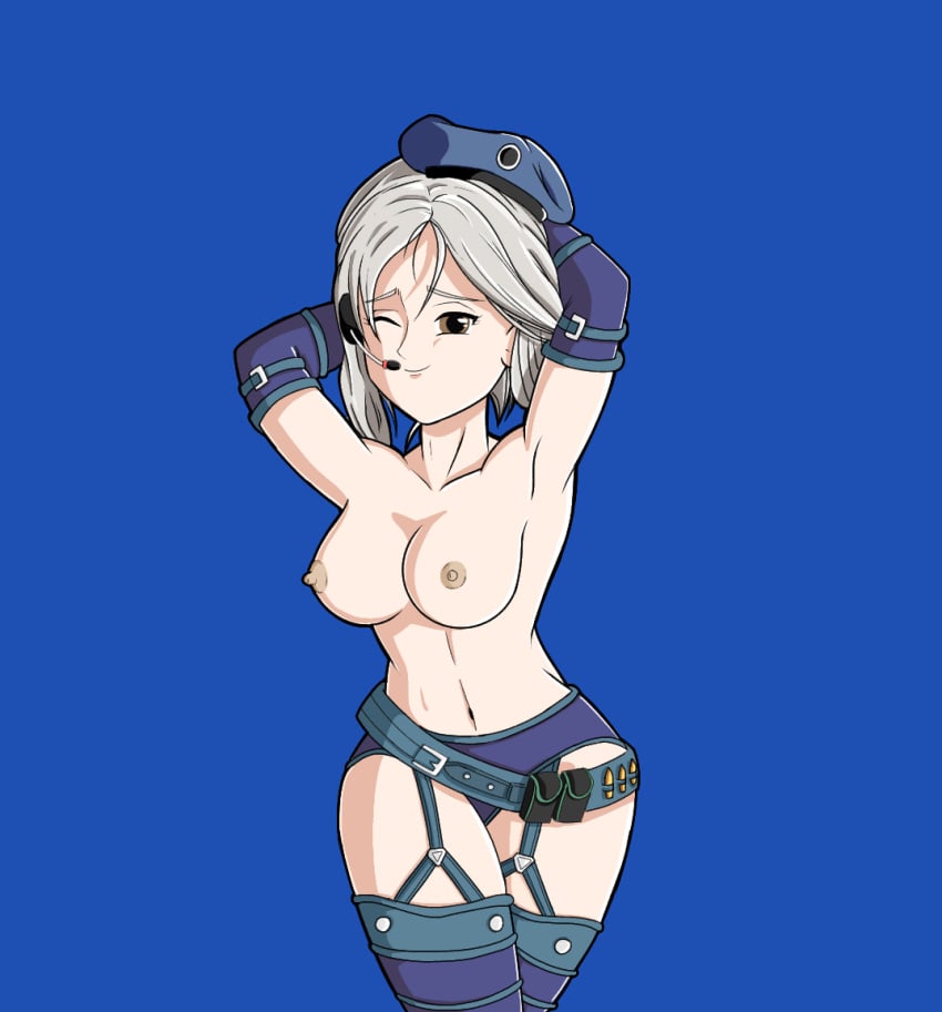 blue_clothes breasts female free_fire grey_hair laura_(free_fire) nipples rebut. topless