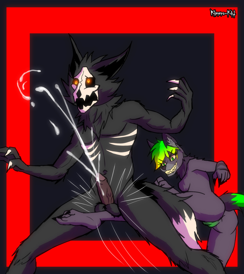 acid_wolf anthro athletic athletic_male ballbusting ballbusting_orgasm balls black_body bodily_fluids bone breasts cadaver_(skulldog) canid canine canis claws cock_and_ball_torture cum cumshot demon duo ejaculation female fluffy fluffy_tail fur genital_fluids genital_torture genitals glowing glowing_eyes green_eyes green_hair green_pussy hair hi_res humanoid_genitalia humanoid_penis kick kicking_balls kimero_kat male male/female mammal nude open_mouth orgasm pain penis pussy simple_background skull skull_head skulldog_(species) smile wolf yellow_eyes