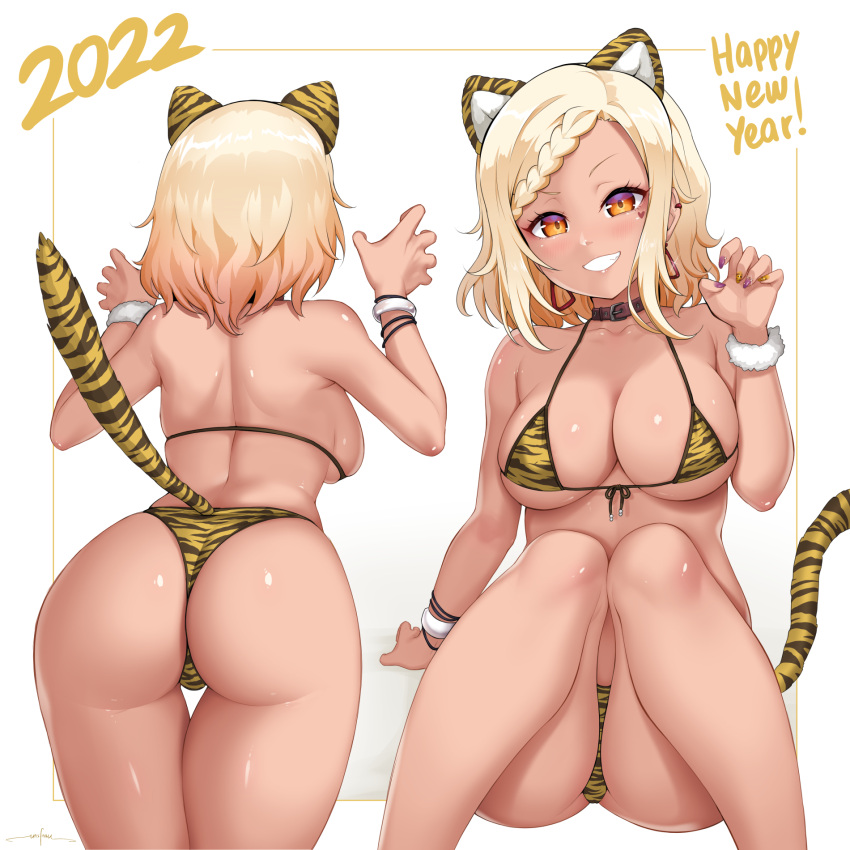 1girls 2022 animal_ears animal_print areola_slip armpit_crease ass back backboob bangle bare_back bare_shoulders belt_collar bikini blonde_hair bracelet braid braided_bangs breasts brown_collar cat_ears cat_tail catgirl chinese_zodiac claw_pose cleavage collar collarbone cowboy_shot earrings facial_mark facing_away fake_animal_ears fake_tail fang feet_out_of_frame fingernails from_behind front-tie_bikini_top front-tie_top glint gradient_background grey_background grin gyaru halterneck hand_up hands_up happy_new_year heart heart_facial_mark hi_res high_resolution highres jewelry knees_together_feet_apart knees_up large_breasts light_blush looking_at_viewer love_live! love_live!_nijigasaki_high_school_idol_club love_live!_school_idol_festival love_live!_school_idol_festival_all_stars median_furrow medium_hair micro_bikini miyashita_ai multicolored_nails multiple_views nail_art new_year orange_eyes outside_border print_bikini purple_nails seductive shoulder_blades sidelocks single_braid sitting smile standing string_bikini swimsuit tail tan tan_skin thigh_gap tiger_ears tiger_print tiger_tail underboob unsfrau v-shaped_eyebrows white_background wristband year_of_the_tiger yellow_nails