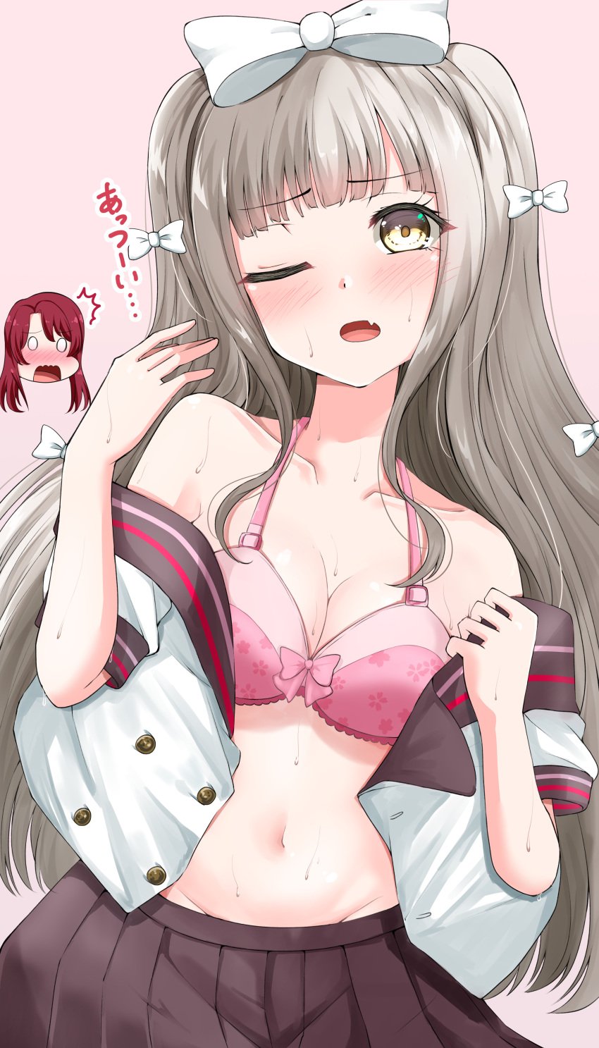 absurdres bangs bare_shoulders blush bow bra breasts collarbone d4dj fanning fanning_face female grey_hair hairbow highres kasuga_haruna long_hair looking_at_viewer oerba_yun_fang one_eye_closed open_mouth pink_background pink_bra red_hair removing_jacket shiratori_kurumi simple_background skirt sweat translation_request underwear undressing uniform ya-man yellow_eyes yuri