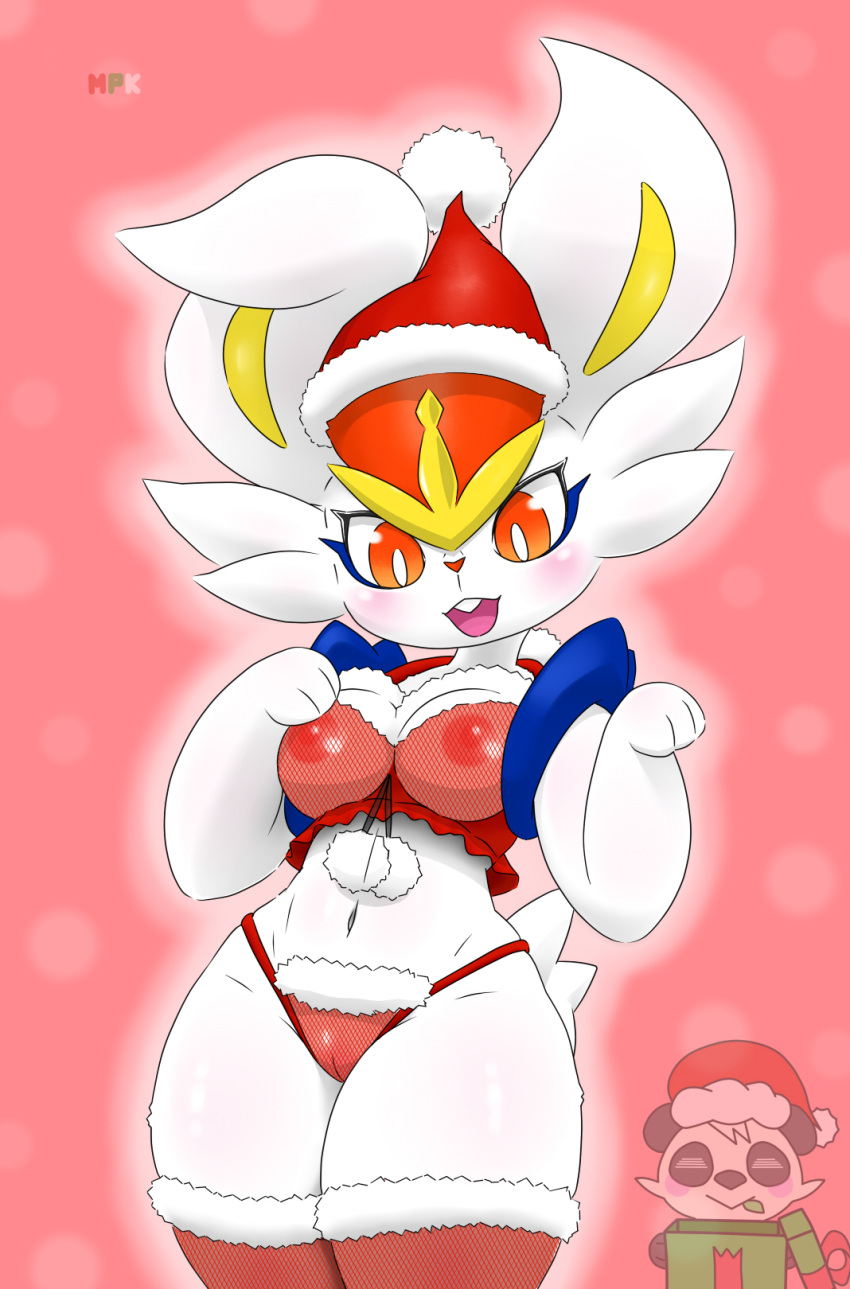 anthro breasts christmas cinderace clothing duo female female_cinderace fullfolka genitals hi_res holidays lingerie nintendo pancham pokémon_(species) pokemon pussy video_games