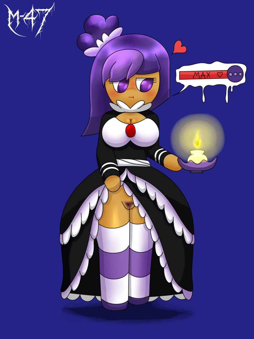 <3 1girls artist_name big_breasts blackberry_cookie blush blushing breasts brooch candle cleavage closed_mouth cookie_run cookie_run_kingdom cookie_run_ovenbreak dress dress_lift exposed_pussy eyelashes female female_only gameplay_mechanics heart holding_candle holding_object lifted_by_self long_hair long_socks looking_away maid maid_uniform purple_eyes purple_hair pussy shaded shoes showing_pussy shy simple_background solo stockings tan_body tan_skin toony vagina