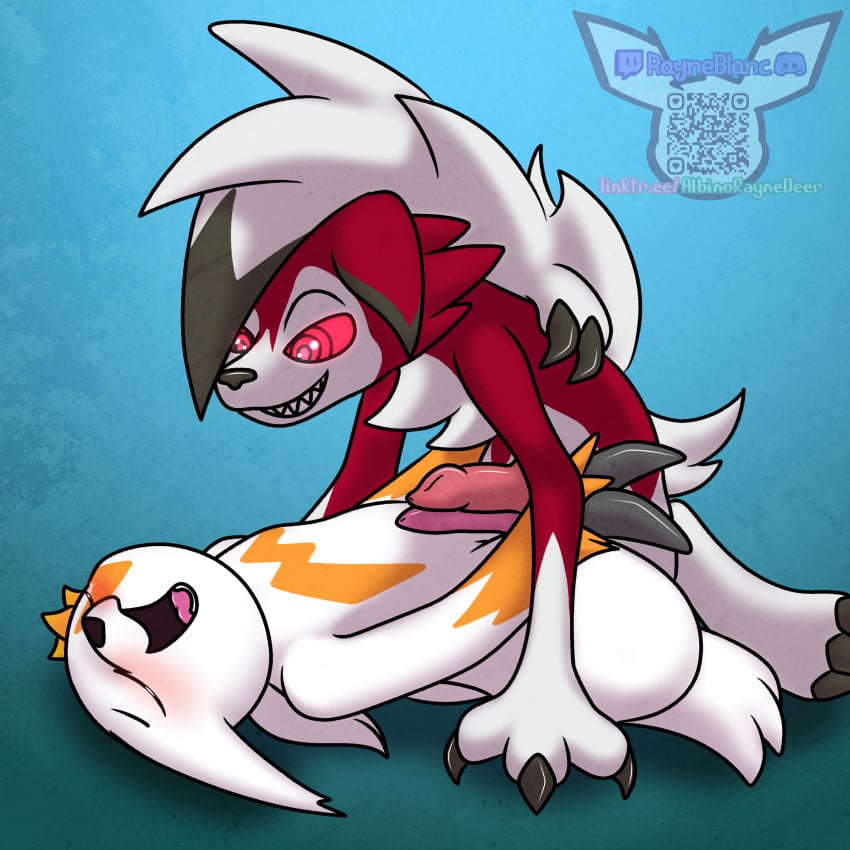 absurd_res albinoraynedeer blush closed_eyes duo feral from_front_position frottage grin hi_res lycanroc lying male male/male midnight_lycanroc missionary_position nintendo on_back pokémon_(species) pokemon pokemon_(species) quinn_(zangeese) sex smile video_games zangoose