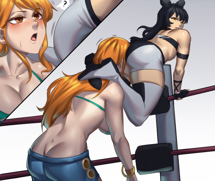 2girls anilingus arsonichawt ass ass_cleavage big_breasts bikini bikini_top black_hair blake_belladonna blush booty_shorts bow bracelet breasts butt_crack catfight clothed clothing crossover domination female female/female female_only femdom femsub green_bikini jeans long_hair nami one_piece orange_eyes orange_hair red_hair rimjob rimming rooster_teeth rwby shounen_jump stinkface striped_bikini wrestling wrestling_outfit wrestling_ring yellow_eyes yuri