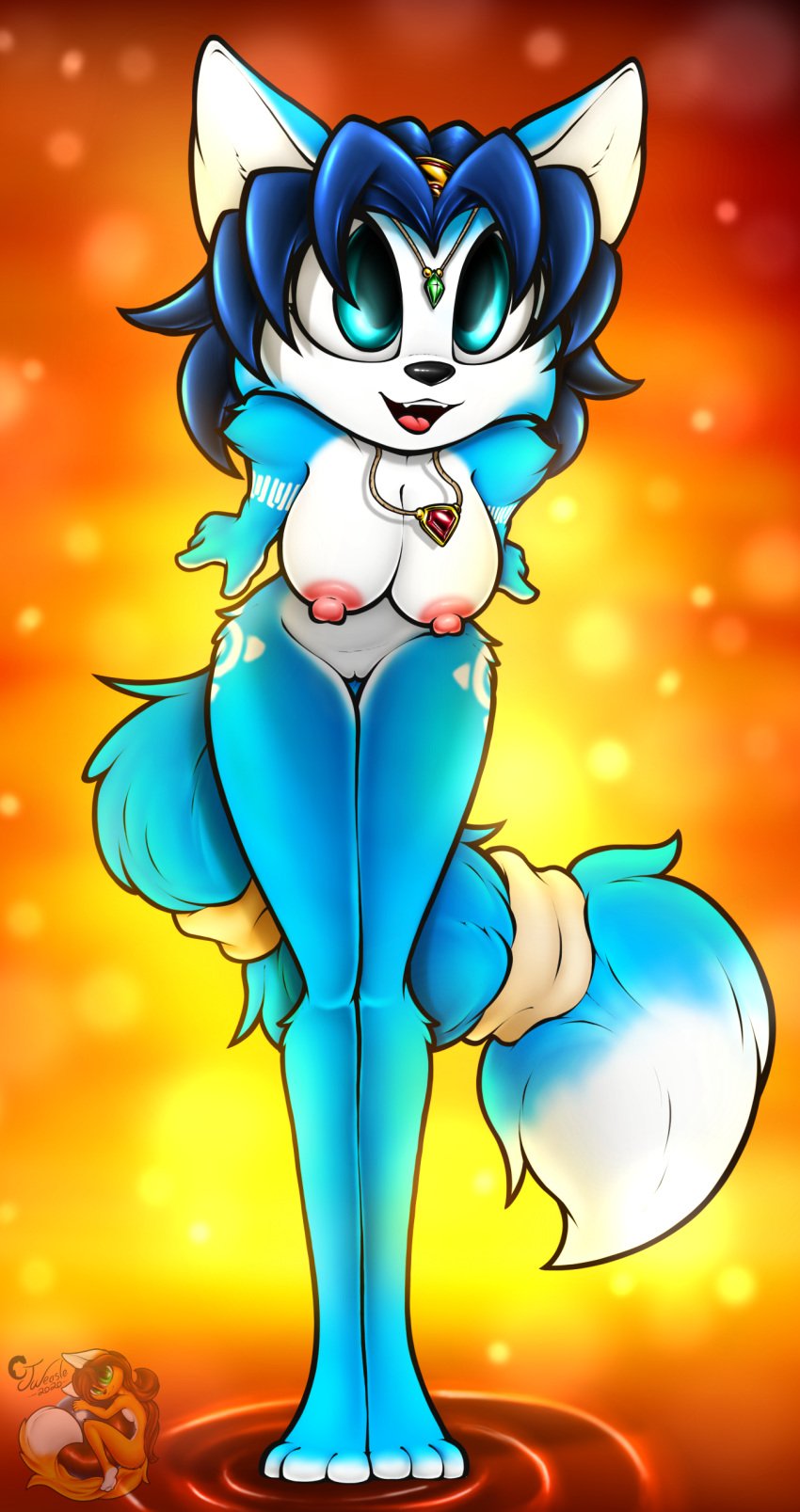 2020 anthro blue_eyes blue_fur blue_hair cjweasle erect_nipples fangs female furry krystal necklace nintendo open_mouth solo star_fox tail