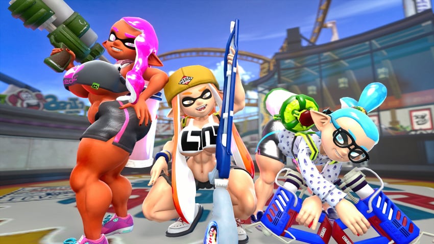 16:9 3d 3d_(artwork) 4k absurd_res animal_humanoid anthro ass big_breasts big_butt brandi breasts cephalopod cephalopod_humanoid clothed clothing digital_media_(artwork) female group hi_res humanoid inkling inkling_boy inkling_girl kaori_(splatoon) laura_(splatoon) male marine marine_humanoid mask_(marking) mollusk mollusk_humanoid nintendo pointy_ears pseudo_hair rui_(splatoon) source_filmmaker splatoon splatoon_(series) squid tentacle tentacle_hair video_games weapon widescreen