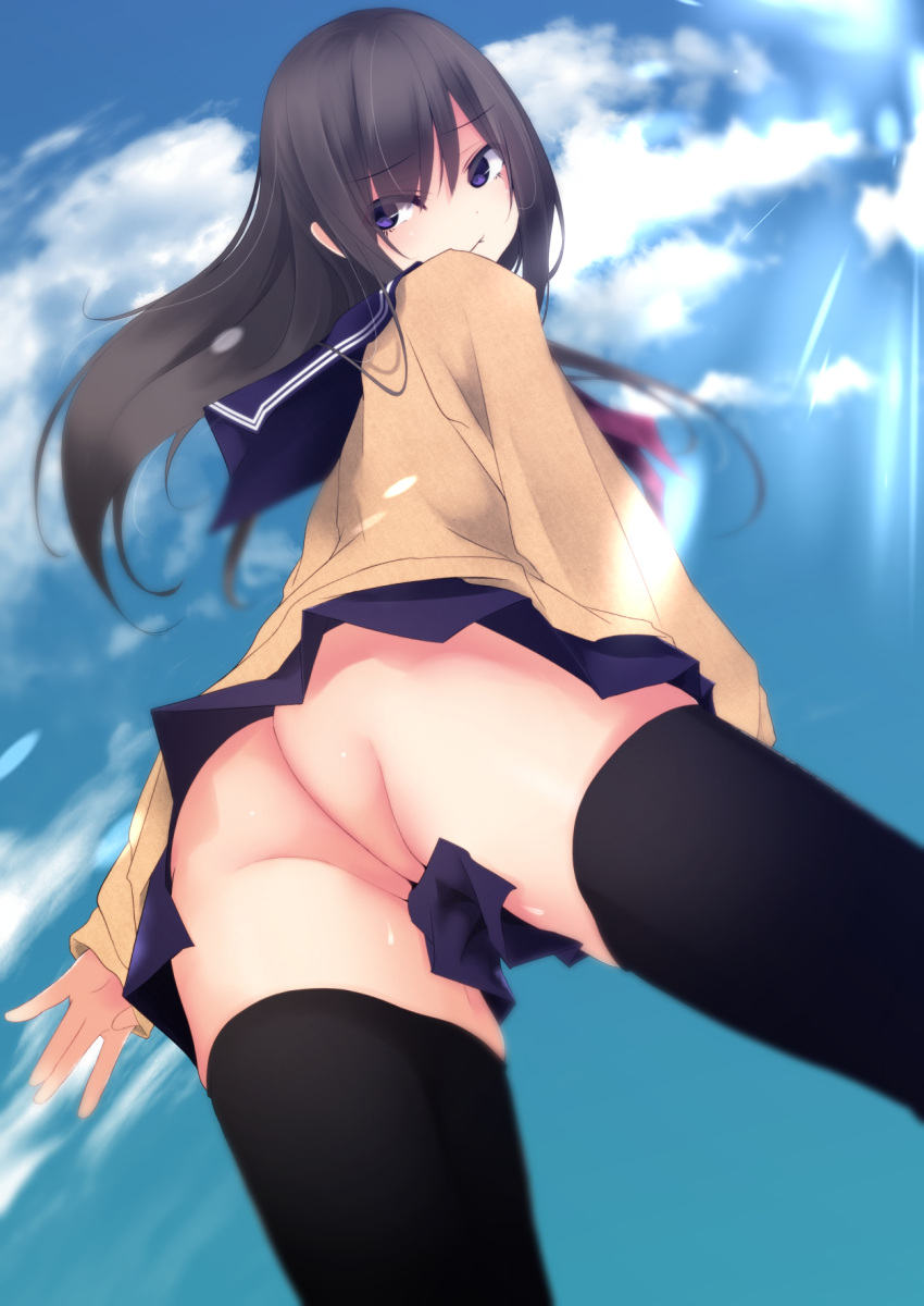 :< ass black_hair black_legwear blue_eyes blue_skirt brown_cardigan cardigan convenient_censoring exhibitionism female fiesuke from_behind from_below highres long_hair looking_back no_panties original outside school_uniform serafuku skirt solo thighhighs thighs upskirt wind wind_lift windy_skirt