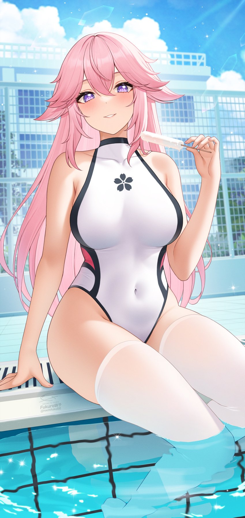 1girls animal_ears bare_shoulders big_breasts blush breasts chest collar eyelashes female female_only fukuro_ko_(greentea) genshin_impact highres holding_object ice_cream kemonomimi legs legs_in_water legwear light-skinned_female long_hair looking_at_viewer looking_down looking_down_at_viewer navel navel_visible_through_clothes one-piece_swimsuit outdoors outside pink_hair popsicle purple_eyes seductive sitting smile solo stockings swimming_pool swimsuit thick_thighs thighhighs thighs very_long_hair white_legwear white_stockings white_swimsuit white_thighhighs wide_hips yae_miko