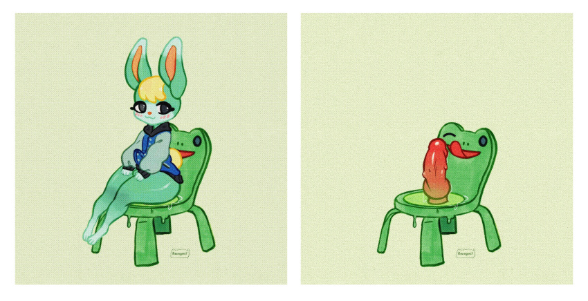 anal anal_sex animal_crossing animate_inanimate anthro blonde_hair bottomless bulge chair clothed clothing comic_panel dildo dildo_chair dildo_reveal dildo_sitting froggy_chair hair hi_res lagomorph leporid looking_at_viewer male mammal masturbation nintendo penetration rabbit resinger17 sasha_(animal_crossing) sex_toy sex_toy_in_ass sex_toy_insertion signature sitting solo video_games