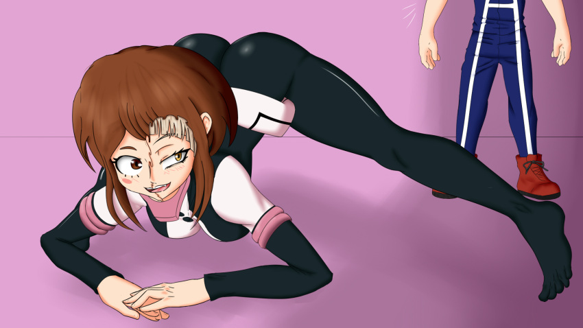 ass blonde_hair breasts brown_eyes brown_hair hair happy_female hero_outfit_(mha) himiko_toga jackochallenge legs_apart legs_spread light_skin looking_back my_hero_academia ochako_uraraka pale_skin short_hair yomu