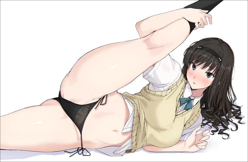 2d_(artwork) amagami bangs black_border black_hair black_legwear black_panties black_socks black_underwear blush border breasts cardigan_vest clothing collared_shirt female hairband hi_res kibito_high_school_uniform knee_socks kneehighs kneepits kneesocks leg_lift leg_up legwear long_hair looking_at_viewer mobu morishima_haruka navel pantsu school_uniform shirt simple_background socks solo split string_panties sweatdrop sweater underwear uniform white_background white_shirt