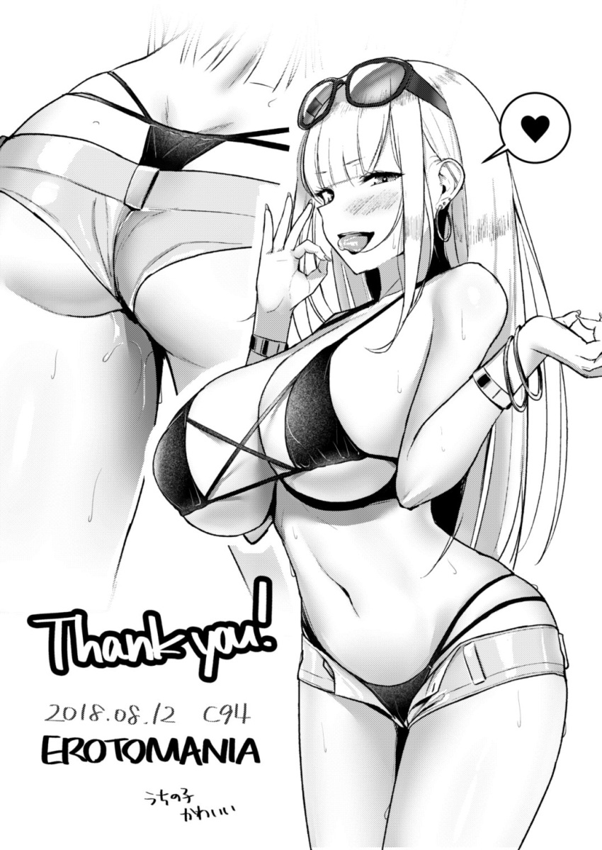 1girls 2018 2d_(artwork) ass ass_focus big_breasts bikini bikini_bottom bikini_top black_and_white blush bracelet dated earrings eyewear_on_head fellatio_gesture female female_only gyaru heart highleg highleg_panties highres hoop_earrings huge_breasts jewelry long_hair looking_at_viewer micro_shorts monochrome multiple_views nakamura_misaki nanae navel original original_character panties panty_straps sexually_suggestive shorts signature solo solo_female speech_bubble sunglasses sunglasses_on_head swimsuit thank_you tongue tongue_out underwear wet whale_tail