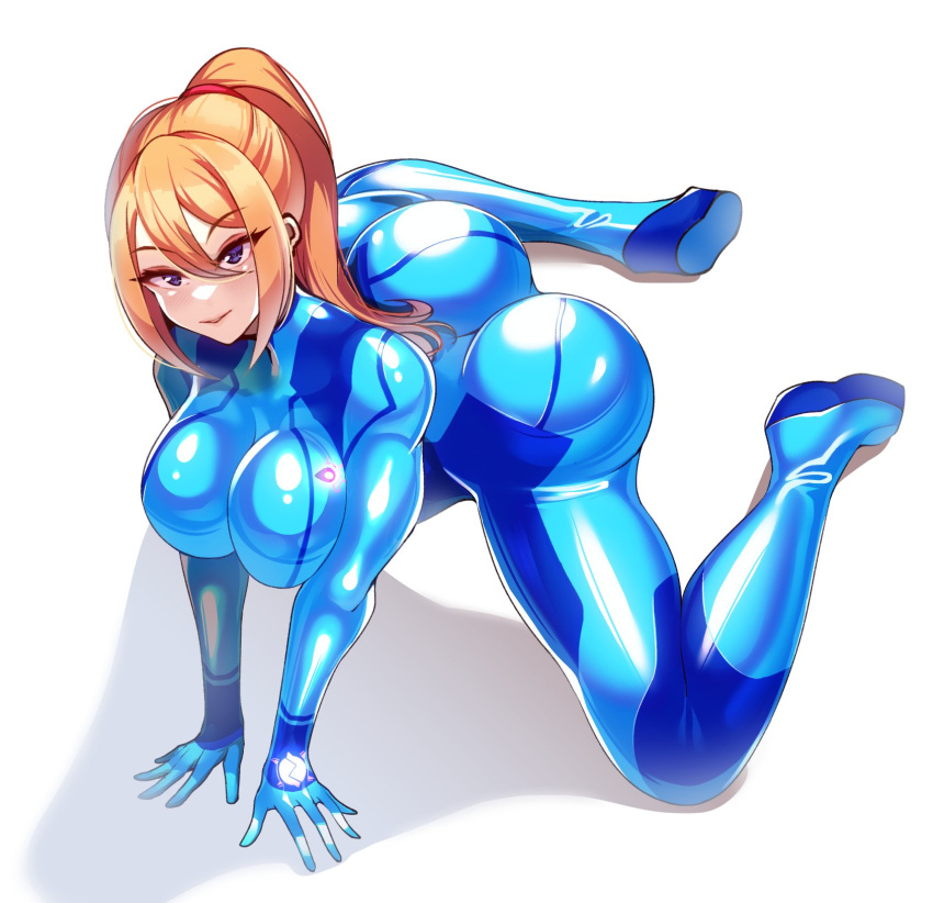 1girls ass big_ass big_breasts blonde_hair blue_bodysuit blue_eyes bodysuit breasts bubble_ass bubble_butt clothing female female_only hair huge_ass huge_breasts mature mature_female metroid nintendo outfit ponytail samus_aran solo solo_female tight_clothing volyz zero_suit_samus