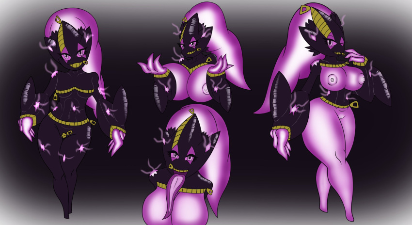 2021 banette big_breasts black_background breasts callista_(reapcreates831) female finger_in_mouth genitals gimp_mask hair hi_res huge_breasts humanoid latex_clothing mask model_sheet nintendo nipples pokémon_(species) pokemon pokemon_(species) ponytail purple_body purple_eyes pussy reapcreates831 simple_background solo thick_thighs tongue tongue_out video_games wide_hips zipper