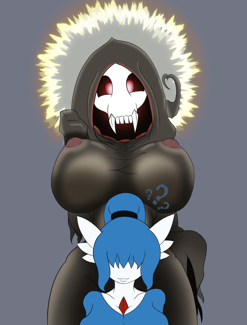 2021 ? big_breasts blue_hair breasts clothing duo duskull female gardevoir grey_background hair hair_over_eyes halo hi_res humanoid koi_(reapcreates831) mask nintendo not_furry pokémon_(species) pokemon pokemon_(species) ponytail reapcreates831 red_eyes simple_background size_difference skull_mask tight_clothing video_games visible_nipples