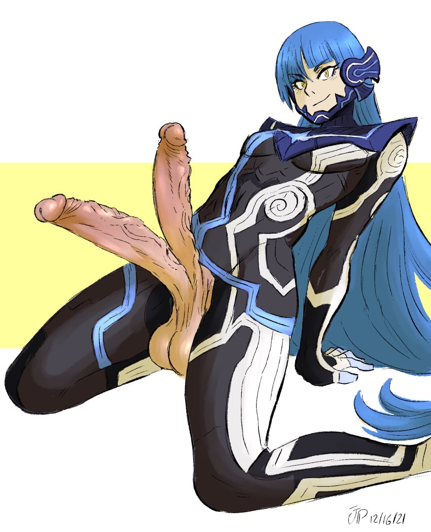 1boy atlus balls blue_hair bodysuit clothed clothing diphallia diphallism erection femboy huge_cock human kneeling leaning_back light-skinned_male light_skin long_hair long_penis male male_only megami_tensei mostly_clothed multi_penis nahobino_(smt) pale_skin penis protagonist_(shin_megami_tensei_v) shin_megami_tensei shin_megami_tensei_v solo videajames