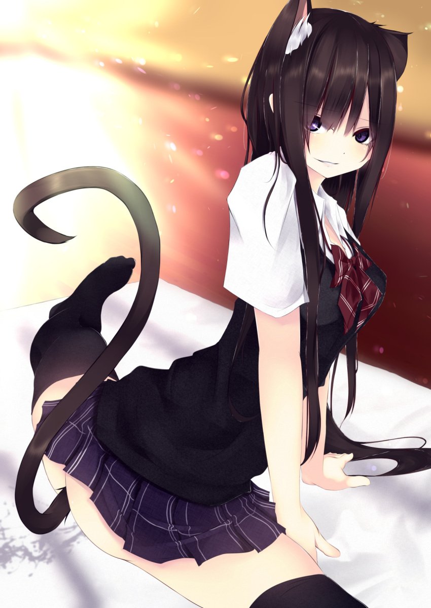 2d_(artwork) anal_tail animal_ears ass black_hair blurry blurry_background cat_ears day depth_of_field eyebrows_visible_through_hair fake_tail female fiesuke hair_between_eyes hi_res highres indoors long_hair looking_at_viewer looking_back no_panties no_shoes original purple_eyes pussy_juice pussy_juice_stain school_uniform skirt smile solo split sunlight tail teeth thighhighs thighs