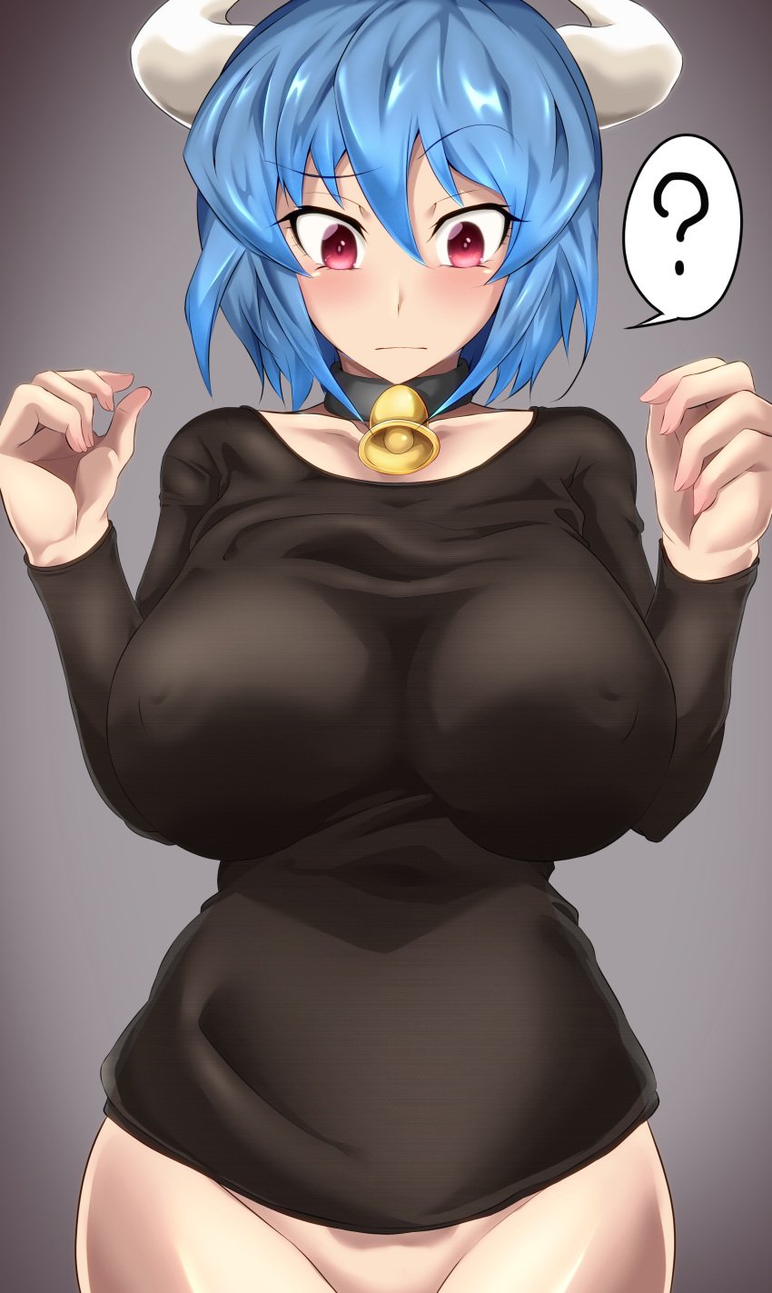 ? absurdres bell black_shirt blue_hair blush bottomless breasts closed_mouth collarbone covered_erect_nipples cow_girl cow_horns embarrassed eyebrows_visible_through_hair female female highres horns jashin-chan_dropkick large_breasts minos_(jashin-chan_dropkick) neck_bell oribe_akito shiny shiny_skin shirt short_hair solo speech_bubble spoken_question_mark