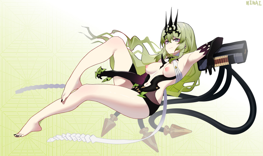 2d_(artwork) absurdres armpits bare_legs barefoot clawed_gauntlets claws clothing_cutout crown elbow_gloves feet female gloves green_hair highres honkai_(series) honkai_impact_3rd long_hair looking_at_viewer mobius_(honkai_impact) nail_polish navel navel_cutout ninai nipples smile toenail_polish toenails toes