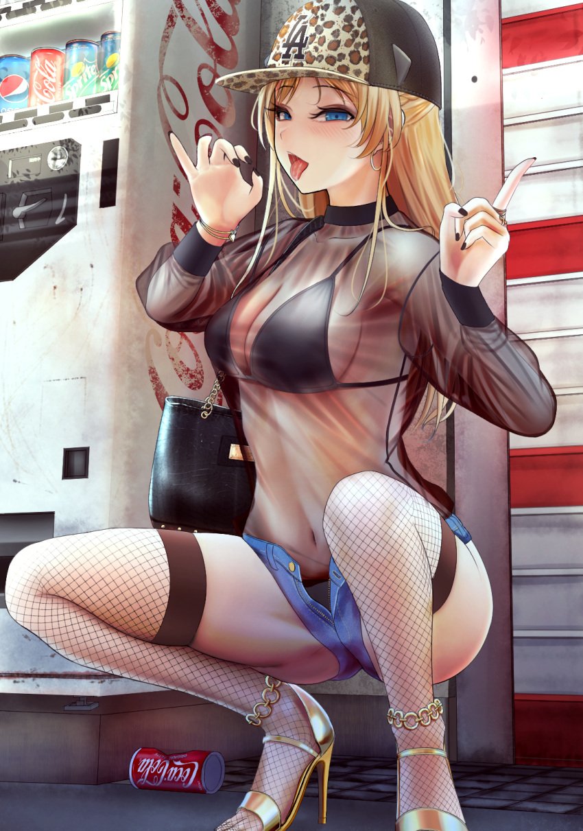 1girls 2d_(artwork) anklet anthropomorphization bag bangs baseball_cap black_legwear black_nails black_shirt blonde_hair blue_eyes blush bra bracelet breasts coca-cola denim denim_shorts eyebrows_visible_through_hair fellatio_gesture female fishnet_legwear fishnets fully_clothed girls'_frontline gold gold_footwear gold_heels gyaru handbag hat hi_res high_heels high_resolution index_finger_raised jewelry k5_(girls_frontline) large_breasts long_hair looking_at_viewer medium_breasts nail_polish open_fly open_mouth oral_invitation pantsu pepsi pixiv_id_2760924 prostitution revision see-through sexually_suggestive shirt shoes shorts sidelocks smile solo sprite_(drink) squatting testame thighhighs tongue tongue_out underwear unzipped