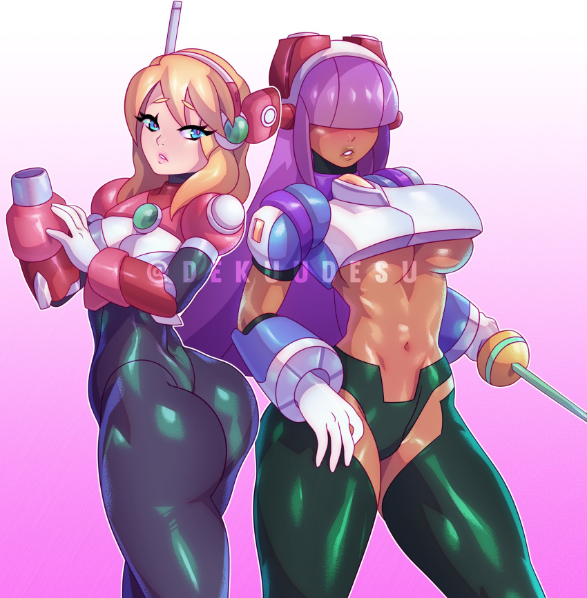 2girls alia ass big_ass big_breasts blonde_hair blue_eyes dark-skinned_female doreko female hair_over_eyes layer mega_man mega_man_x multiple_girls purple_hair tagme thick_thighs underboob