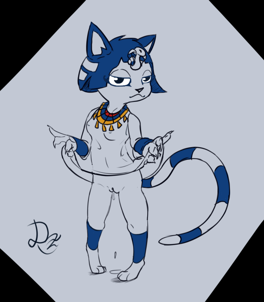 2021 accessory animal_crossing ankha ankha_(animal_crossing) anthro bodily_fluids bottomless clothed clothing cum cum_drip darkorazilla domestic_cat dripping felid feline felis female genital_fluids hair hi_res looking_at_viewer mammal nintendo smile solo standing video_games