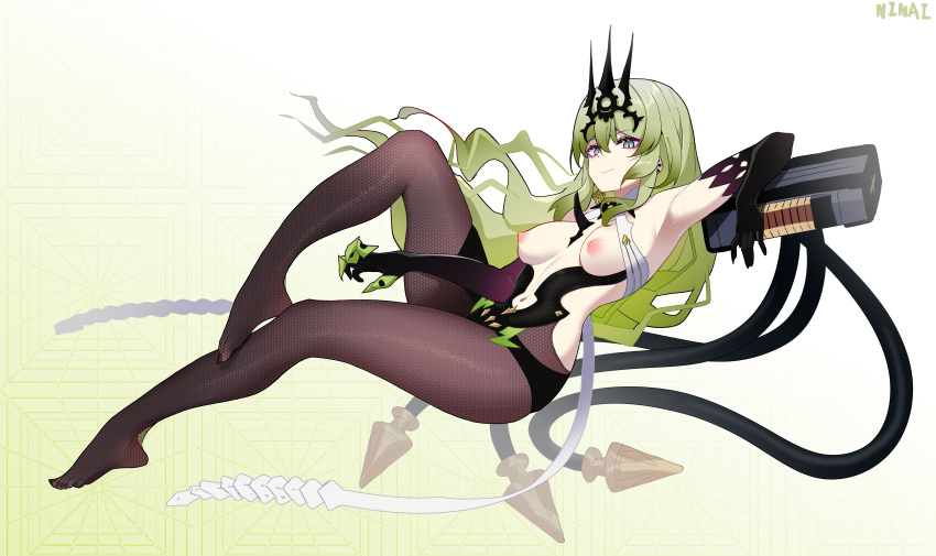 2d_(artwork) absurdres armpits black_legwear clawed_gauntlets claws clothing_cutout crown elbow_gloves feet female gloves green_hair highres honkai_(series) honkai_impact_3rd long_hair looking_at_viewer mobius_(honkai_impact) nail_polish navel navel_cutout ninai nipples pantyhose smile toenail_polish toenails toes