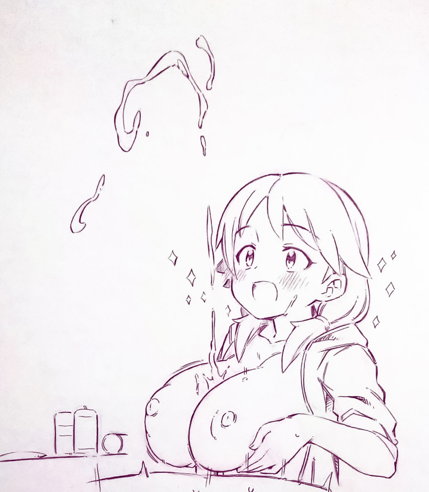 breasts collarbone commentary_request cum ejaculation eyebrows_visible_through_hair female highres idolmaster idolmaster_cinderella_girls katagiri_sanae large_breasts looking_up monochrome motion_lines nipples paizuri projectile_cum short_hair short_twintails solo traditional_media tsukareta_san twintails