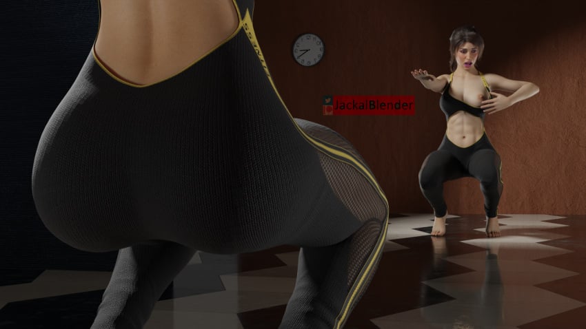 1girls 3d accidental_exposure ass ass_focus blender breasts cleavage crouching female female_only lara_croft lara_croft_(survivor) looking_at_viewer mirror mustard_sfm oops pose posing rear_view reflection reflective_floor revealing_breasts revealing_clothes seductive smirk solo sportswear squatting tomb_raider