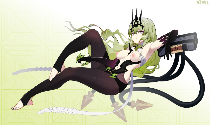 2d_(artwork) absurdres armpits black_legwear clawed_gauntlets claws clothing_cutout crown elbow_gloves feet female gloves green_hair highres honkai_(series) honkai_impact_3rd long_hair looking_at_viewer mobius_(honkai_impact) nail_polish navel navel_cutout ninai nipples pantyhose smile toenail_polish toenails toes