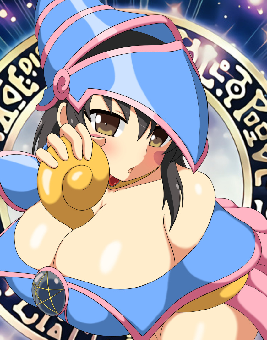 1girls asuka_(senran_kagura) big_breasts blush brown_eyes brown_hair cleavage collarbone cosplay crossover dark_magician_girl female female_only hat hazel_eyes headwear huge_breasts magical_girl open_mouth senran_kagura senran_kagura_(series) solo solo_female soulkibble tagme yu-gi-oh!